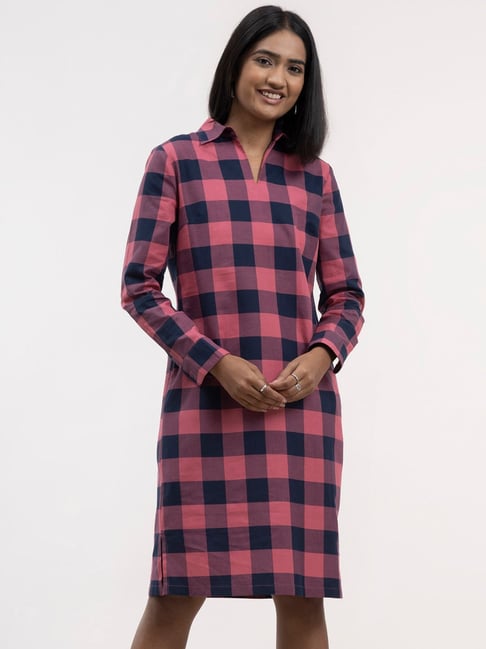Fablestreet Pink & Blue Cotton Checks Shift Dress Price in India