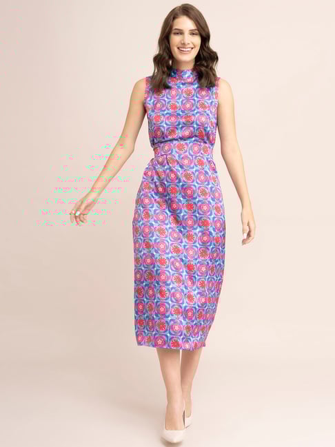 Fablestreet Blue Pink Floral Print Midi Dress
