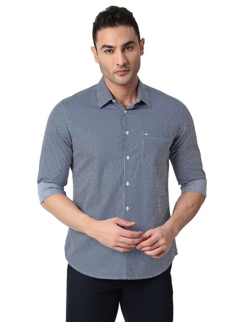 Basics Blue Cotton Slim Fit Printed Shirt-picture-26