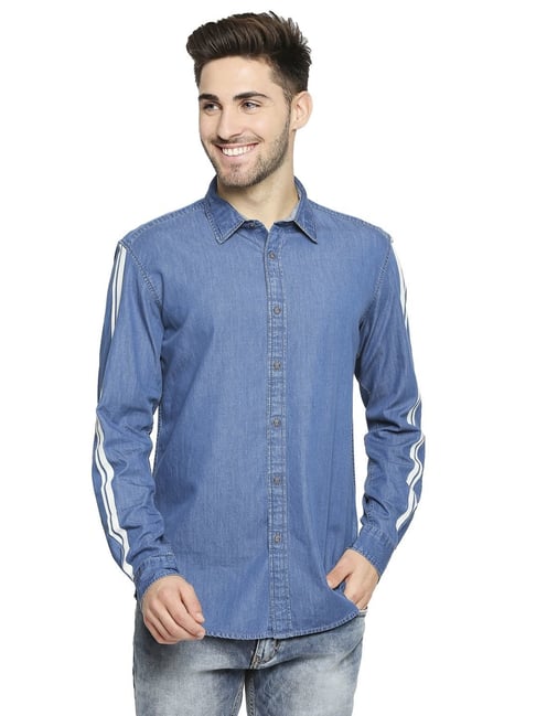 Basics Blue Cotton Slim Fit Striped Denim Shirt-picture-28