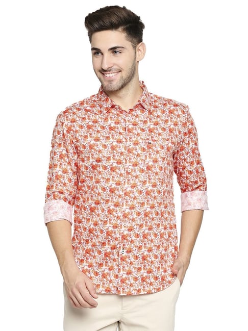 Buy Basics Orange Cotton Slim Fit Printed Shirts for Mens Online