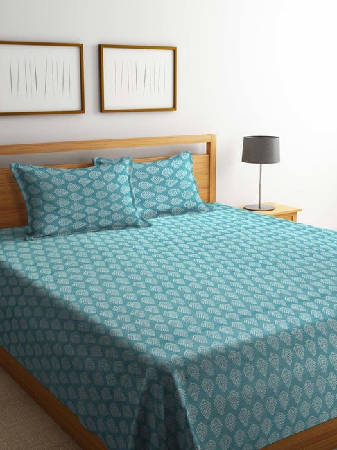 Klotthe Teal Blue Cotton 350 TC Double Bed Cover with 2 Pillow Covers
