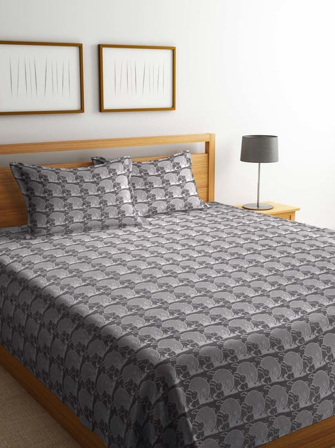 Klotthe Grey Cotton 350 TC Double Bed Cover with 2 Pillow Covers