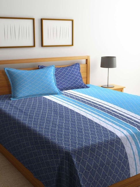 Klotthe Blue Cotton 350 TC Double Bed Cover with 2 Pillow Covers