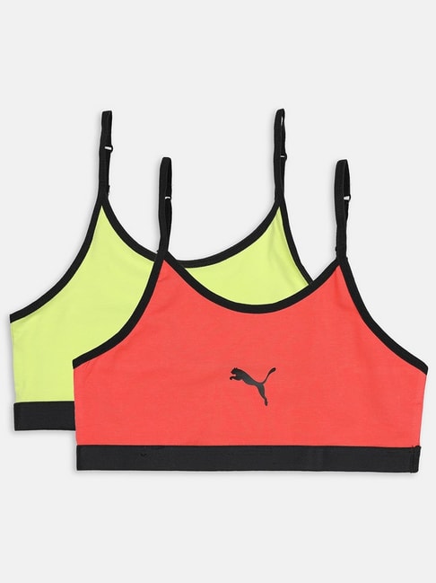 Puma Kids Youth Red & Lime Green Cotton Logo Beginners Bra (Pack of 2)