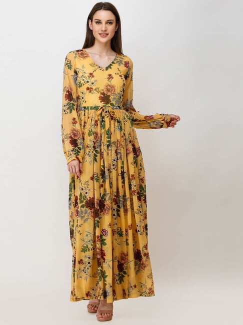 Cation Yellow Floral Print Maxi Dress Price in India