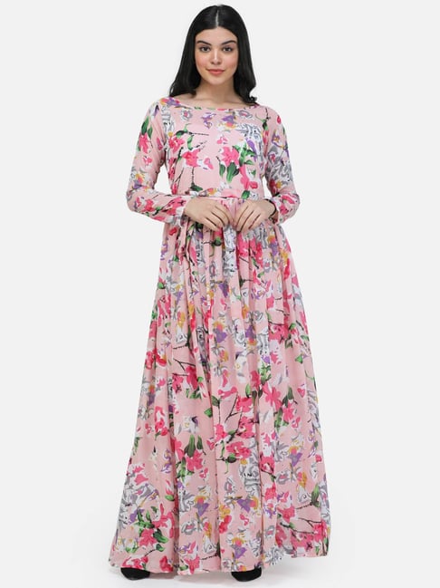 Floral Printed Thread Work Fit & Flare Ethnic Dress– Inddus.in