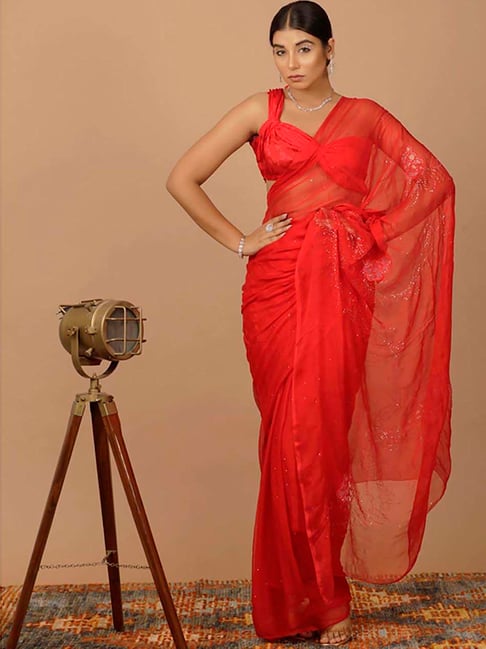 Geroo Jaipur Red Embellished Saree With Unstitched Blouse