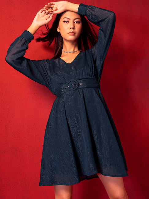 FabAlley Navy Buckle Belted Skater Dress Price in India
