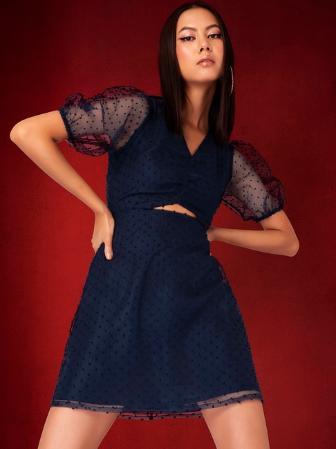 FabAlley Navy Organza Dobby Puff Sleeve Dress Price in India