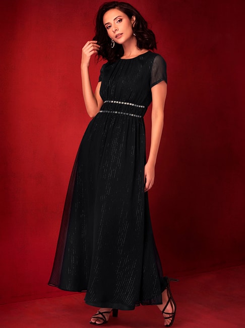 FabAlley Black Lurex Embellished Waist Maxi Dress Price in India