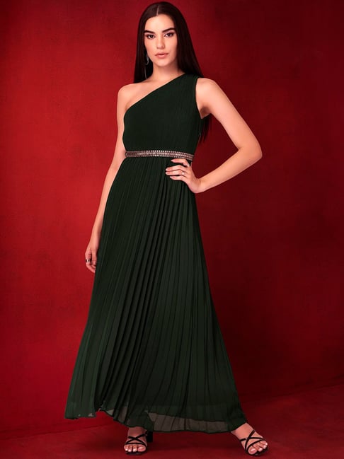 FabAlley Olive One Shoulder Maxi Dress With Embellished Belt Price in India