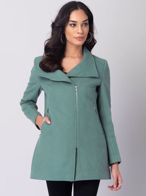 FabAlley Green Felt Zippered Peacoat