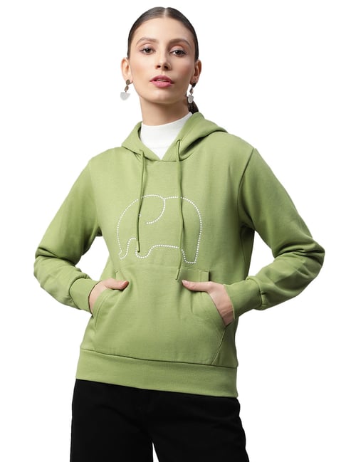 Global Republic Sage Green Embroidered Kangaroo Pocket Fleece Hoodie-picture-16