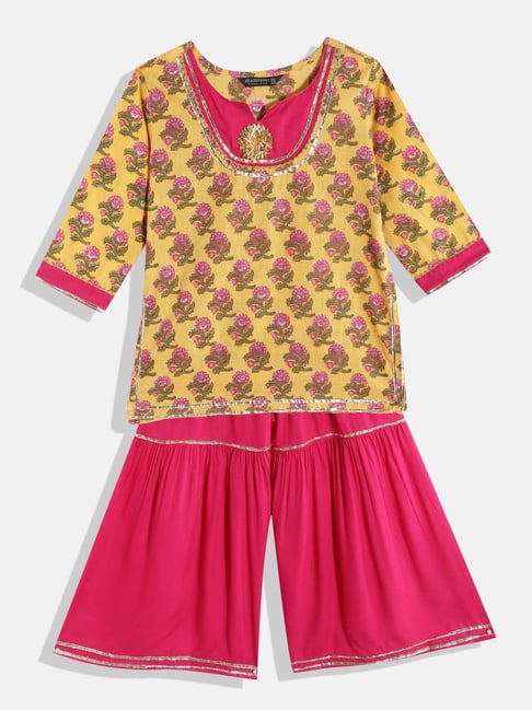 READIPRINT FASHIONS Kids Yellow & Pink Floral Print Kurta With Sharara-picture-29