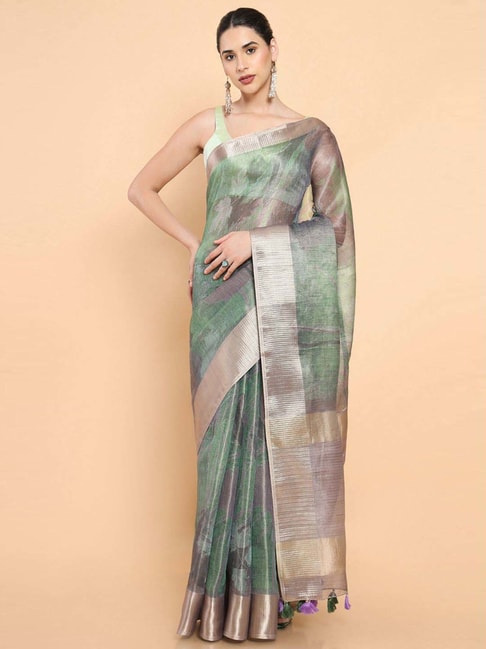 Soch Green Printed Saree With Unstitched Blouse Price in India