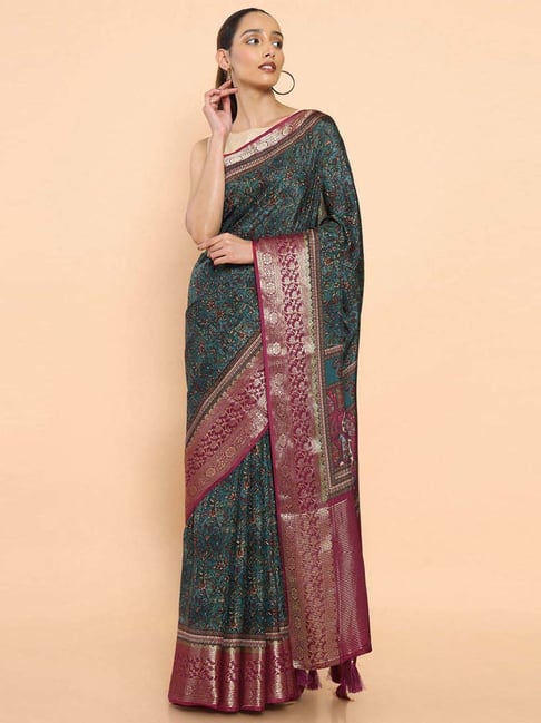 Soch Green Silk Floral Print Saree With Unstitched Blouse Price in India