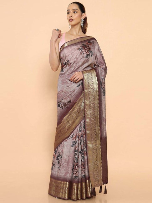 Soch Purple Silk Floral Print Saree With Unstitched Blouse Price in India