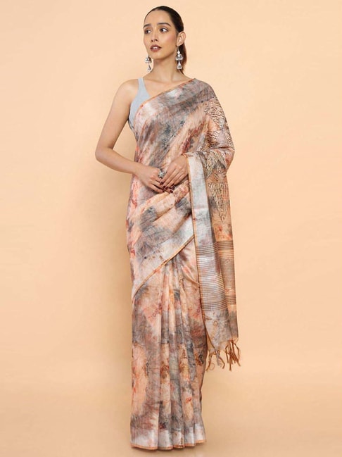 Soch Peach & Grey Printed Saree With Unstitched Blouse Price in India