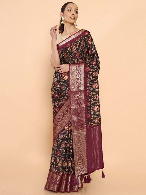 Soch Black & Maroon Silk Floral Print Saree With Unstitched Blouse Price in India