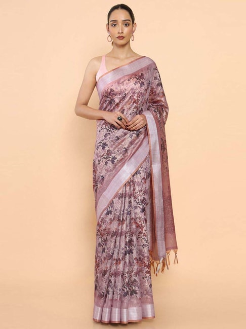 Soch Purple Floral Print Saree With Unstitched Blouse Price in India