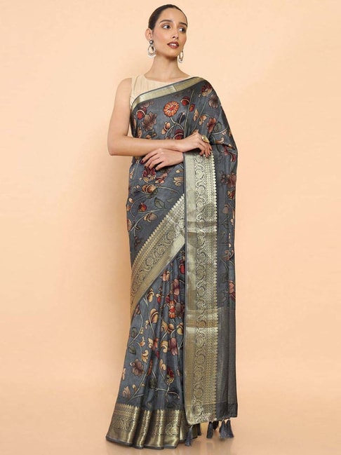 Soch Grey Silk Floral Print Saree With Unstitched Blouse Price in India