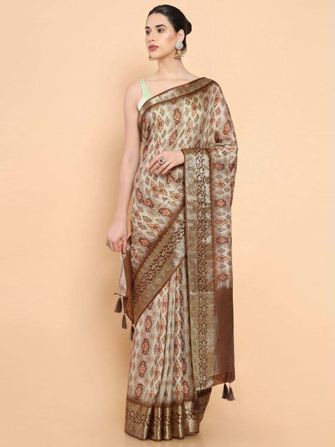 Soch Grey & Brown Silk Printed Saree With Unstitched Blouse Price in India