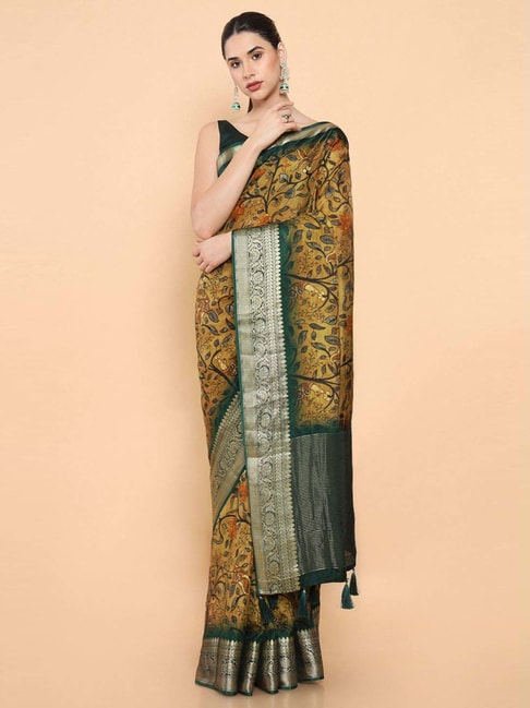 Soch Olive Green Silk Floral Print Saree With Unstitched Blouse Price in India