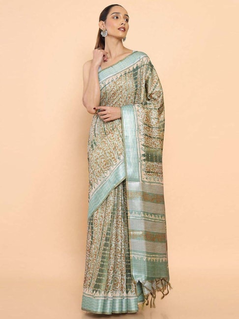 Soch Green Floral Print Saree With Unstitched Blouse Price in India