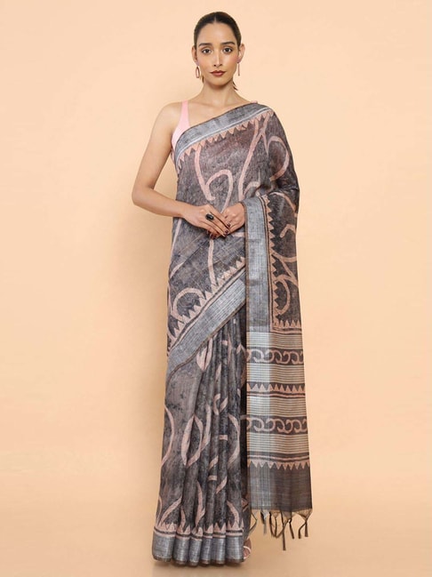 Soch Grey Printed Saree With Unstitched Blouse Price in India