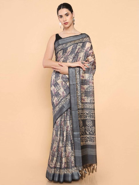 Soch Grey Printed Saree With Unstitched Blouse Price in India