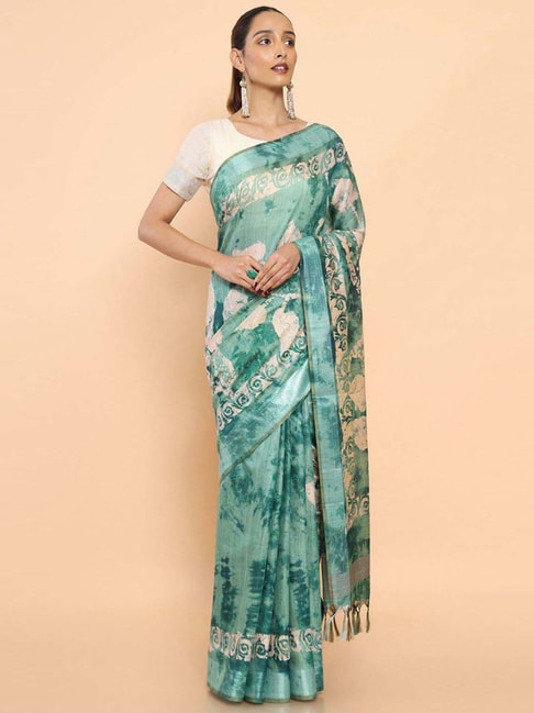 Soch Teal Green Printed Saree With Unstitched Blouse Price in India