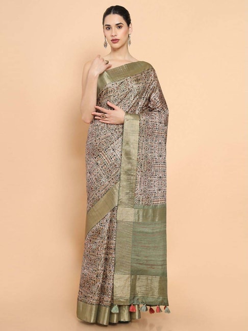 Soch Green & Beige Cotton Printed Saree With Unstitched Blouse Price in India
