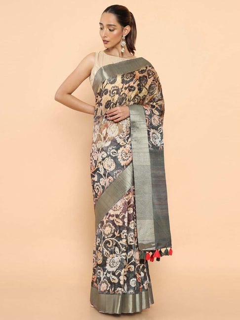 Soch Grey Cotton Floral Print Saree With Unstitched Blouse Price in India
