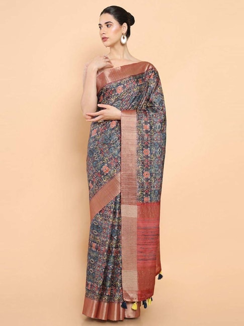 Soch Blue Cotton Floral Print Saree With Unstitched Blouse Price in India