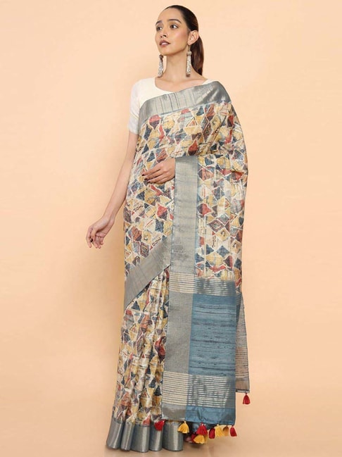 Soch Beige & Grey Cotton Printed Saree With Unstitched Blouse Price in India