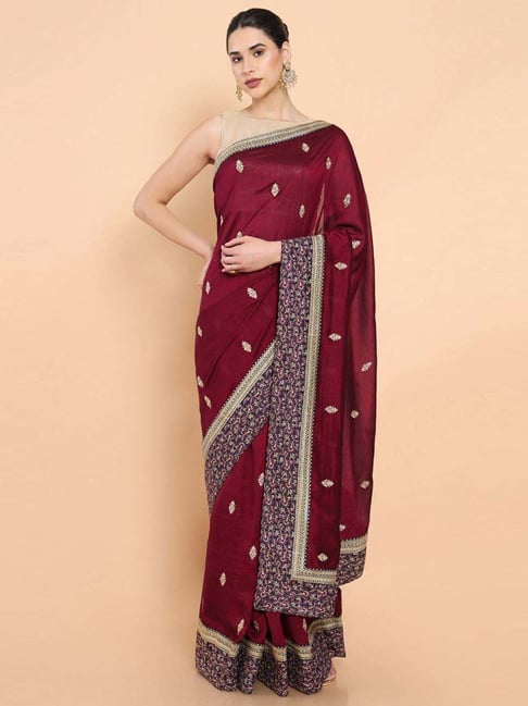 Soch Maroon Cotton Embroidered Saree With Unstitched Blouse Price in India