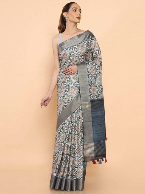 Soch Blue & Grey Cotton Printed Saree With Unstitched Blouse Price in India