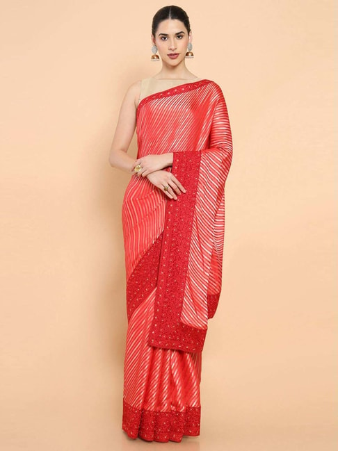 Soch Red Striped Saree With Unstitched Blouse Price in India