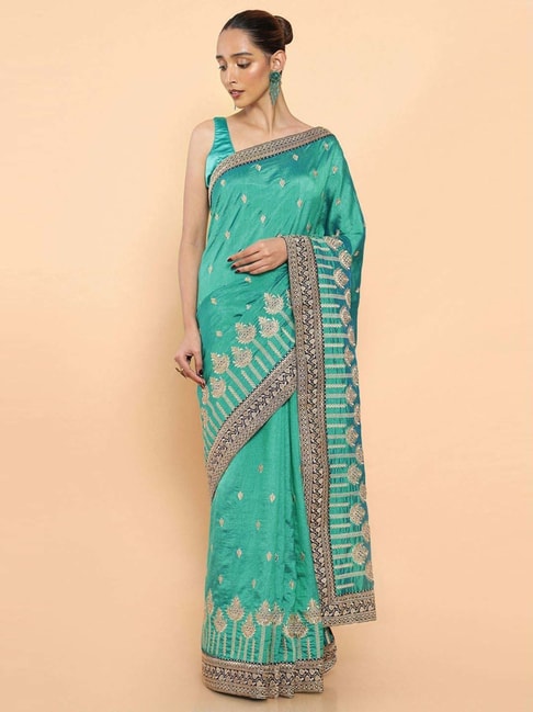 Soch Green Cotton Embroidered Saree With Unstitched Blouse Price in India