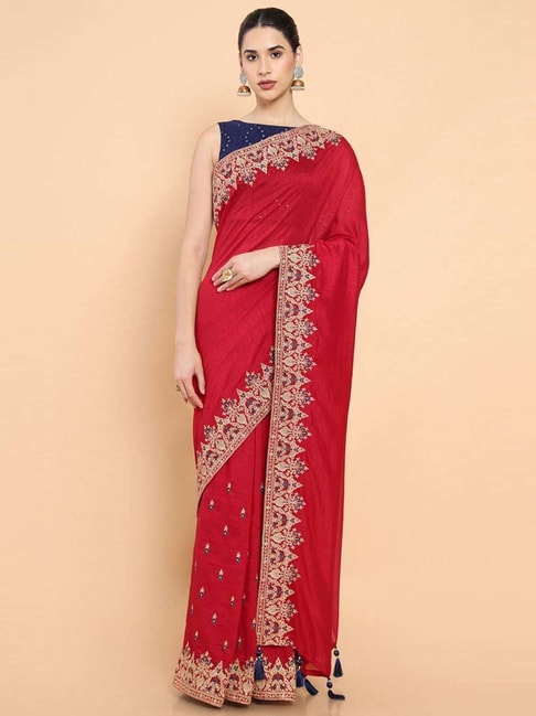 Soch Red Cotton Embroidered Saree With Unstitched Blouse Price in India