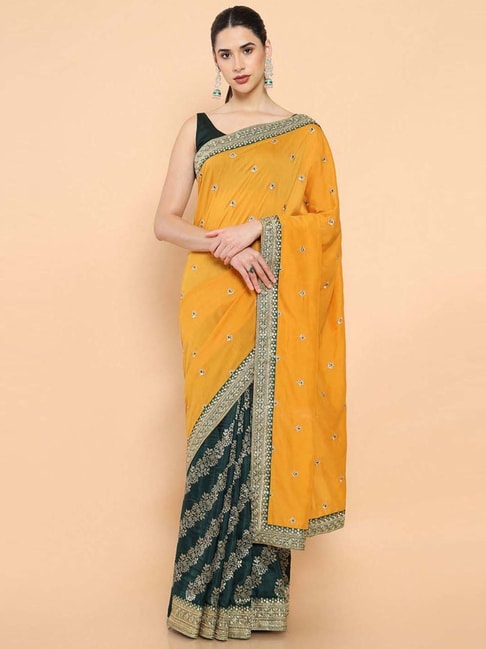 Soch Mustard Cotton Embroidered Saree With Unstitched Blouse Price in India