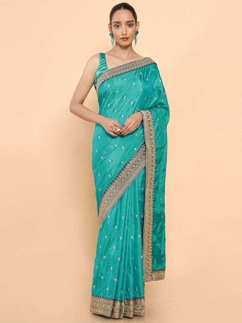 Soch Turquoise Cotton Embroidered Saree With Unstitched Blouse Price in India