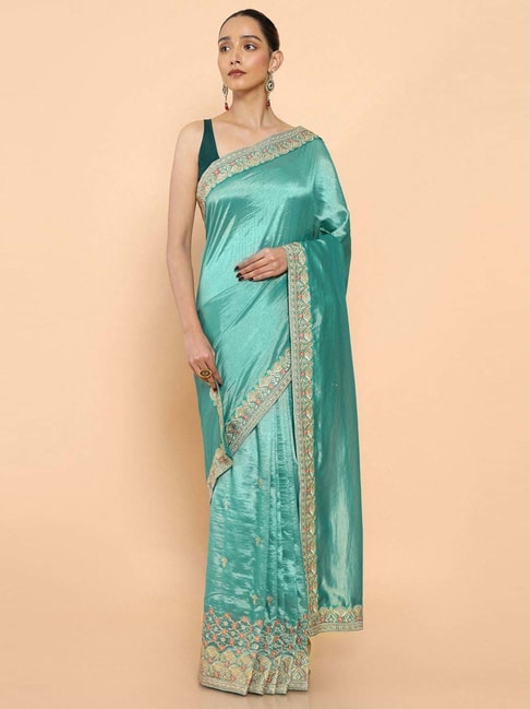 Soch Teal Green Embroidered Saree With Unstitched Blouse Price in India