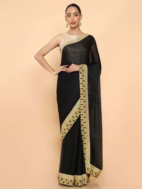 Soch Black Embroidered Saree With Unstitched Blouse Price in India