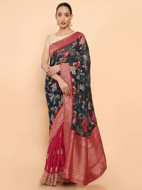 Soch Black Floral Print Saree With Unstitched Blouse Price in India