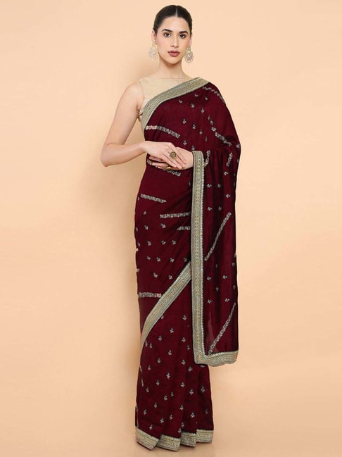 Soch Maroon Cotton Embroidered Saree With Unstitched Blouse Price in India