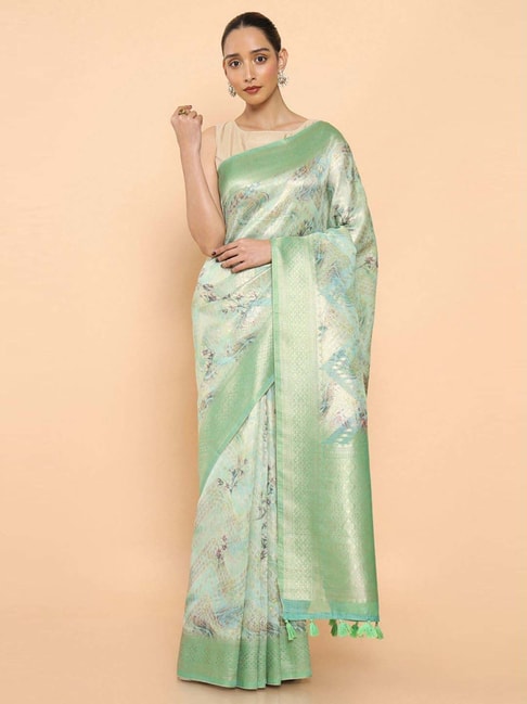 Soch Green Cotton Floral Print Saree With Unstitched Blouse Price in India