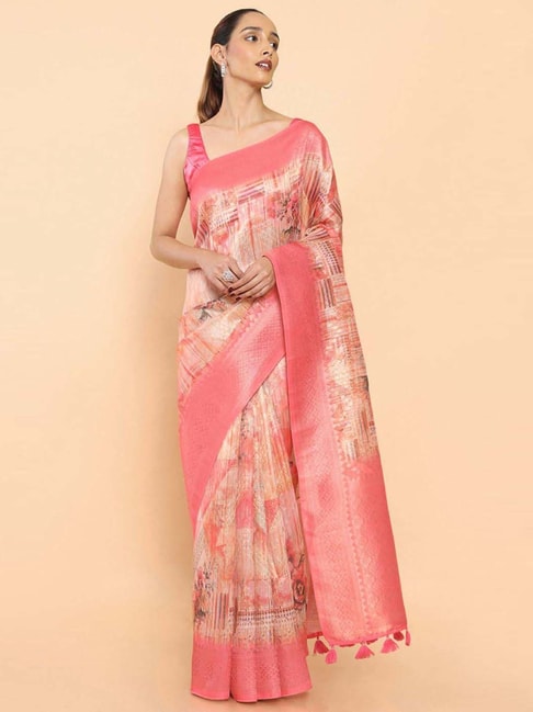 Soch Coral Cotton Printed Saree With Unstitched Blouse Price in India