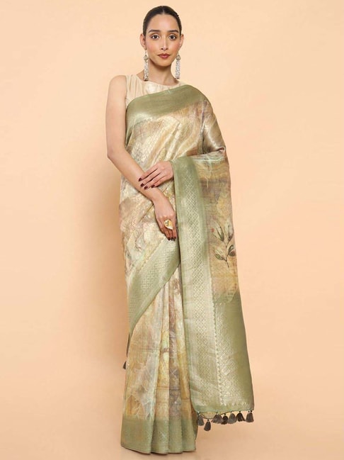 Soch Green Cotton Printed Saree With Unstitched Blouse Price in India
